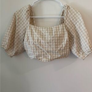 H&M Beige Gingham Square-Neck Puff Sleeve Crop Top